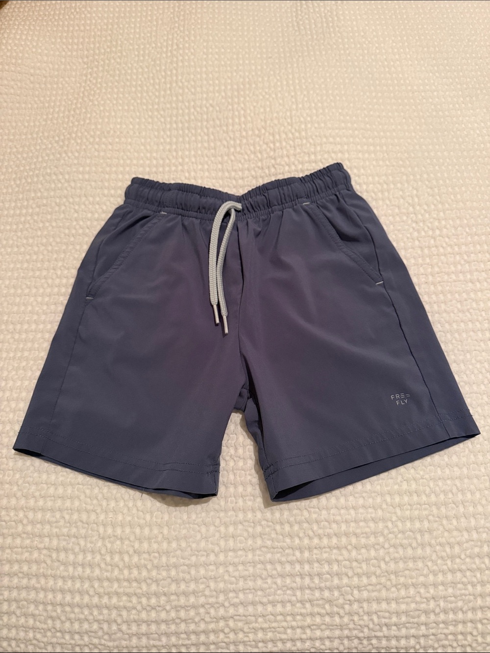 Free Fly Apparel Kids Shorts in Slate Blue with Gray Drawstring